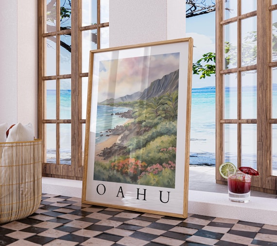 Oahu Hawaii Watercolor Coast Travel Poster for Tropical Home Decor