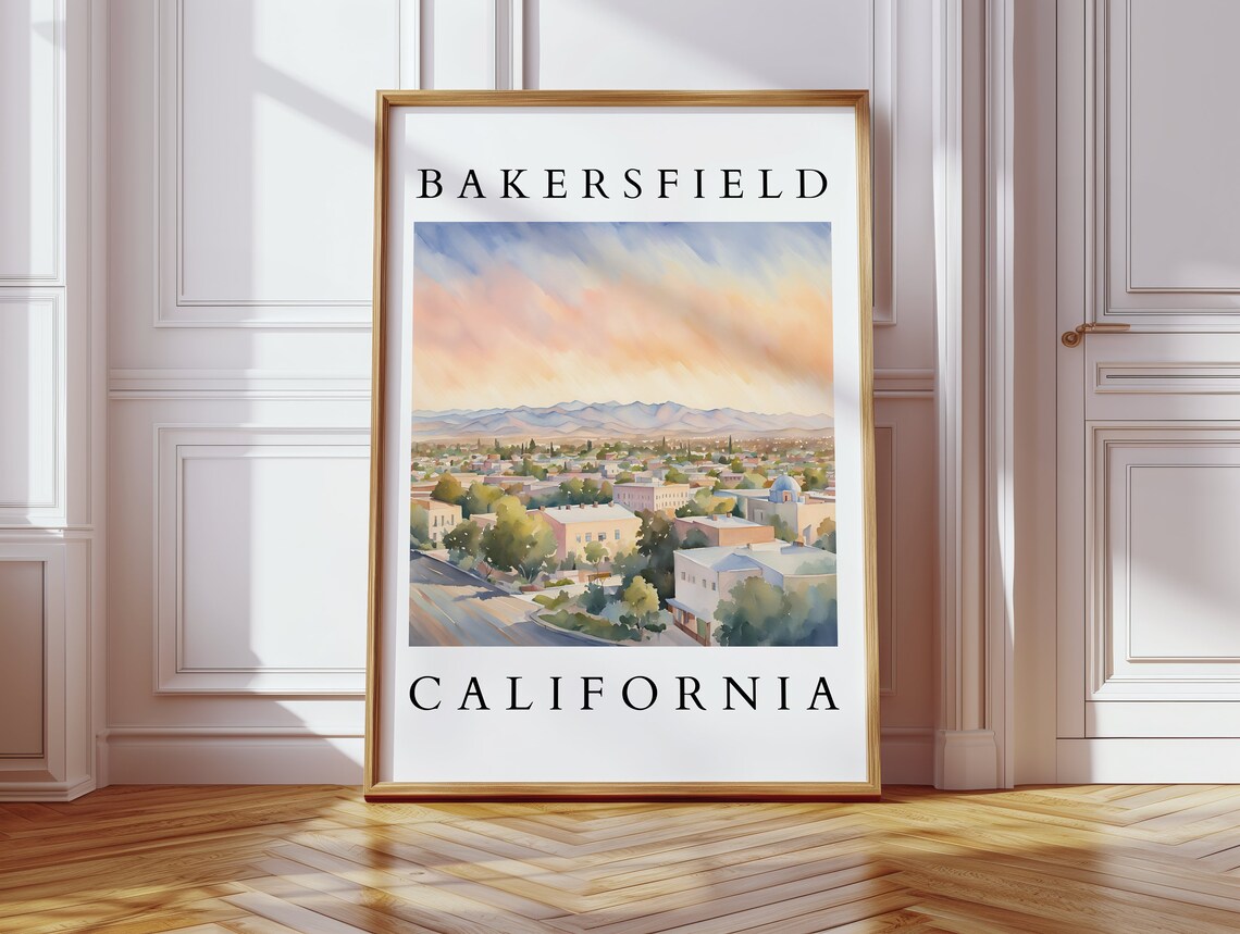 Bakersfield California Watercolor Cityscape Sunset Travel Poster