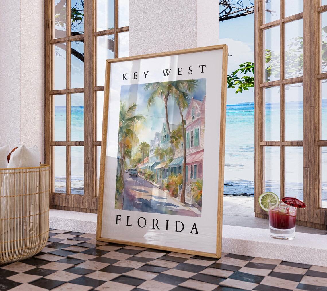 Key West Florida Watercolor Street Travel Poster for Beach Decor