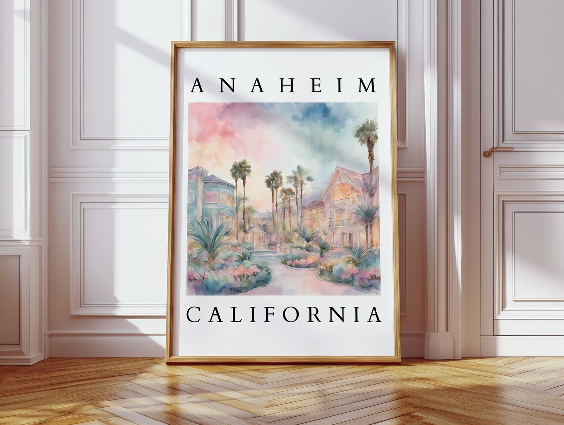 Anaheim California Palm Trees Watercolor Resort Travel Poster