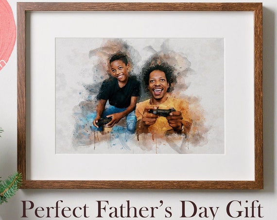 Fathers Day Personalised Watercolour Print From Photo Gift For Father Husband Brother Grandpa Family Portrait His First Fathers Day Gift