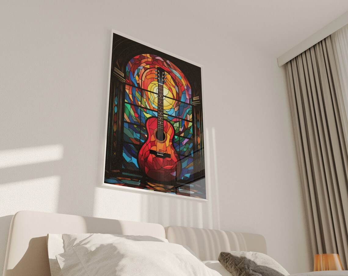 Stained Glass Acoustic Guitar Before Cathedral Window Art Poster - Image 3