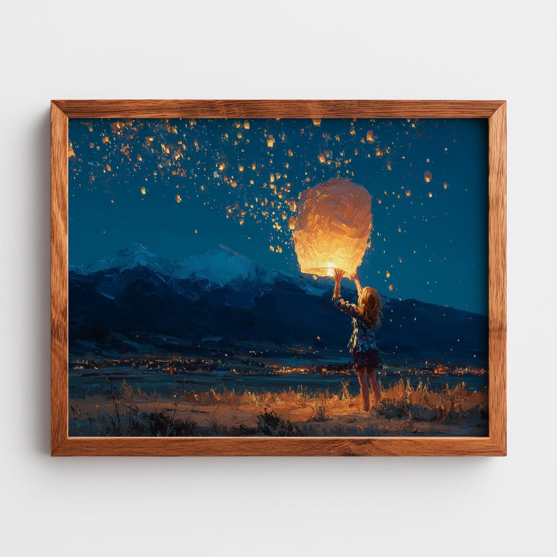 Magical Night Scene With Girl And Lanterns Rustic Landscape Painting Starry Sky Wall Art Dreamy Evening Decor 209