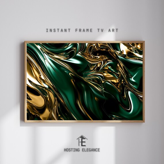 Abstract Liquid Marble Tv Art Frame Tv Artwork Metallic Gold And Deep Green Swirls Luxury Modern Wall Decor