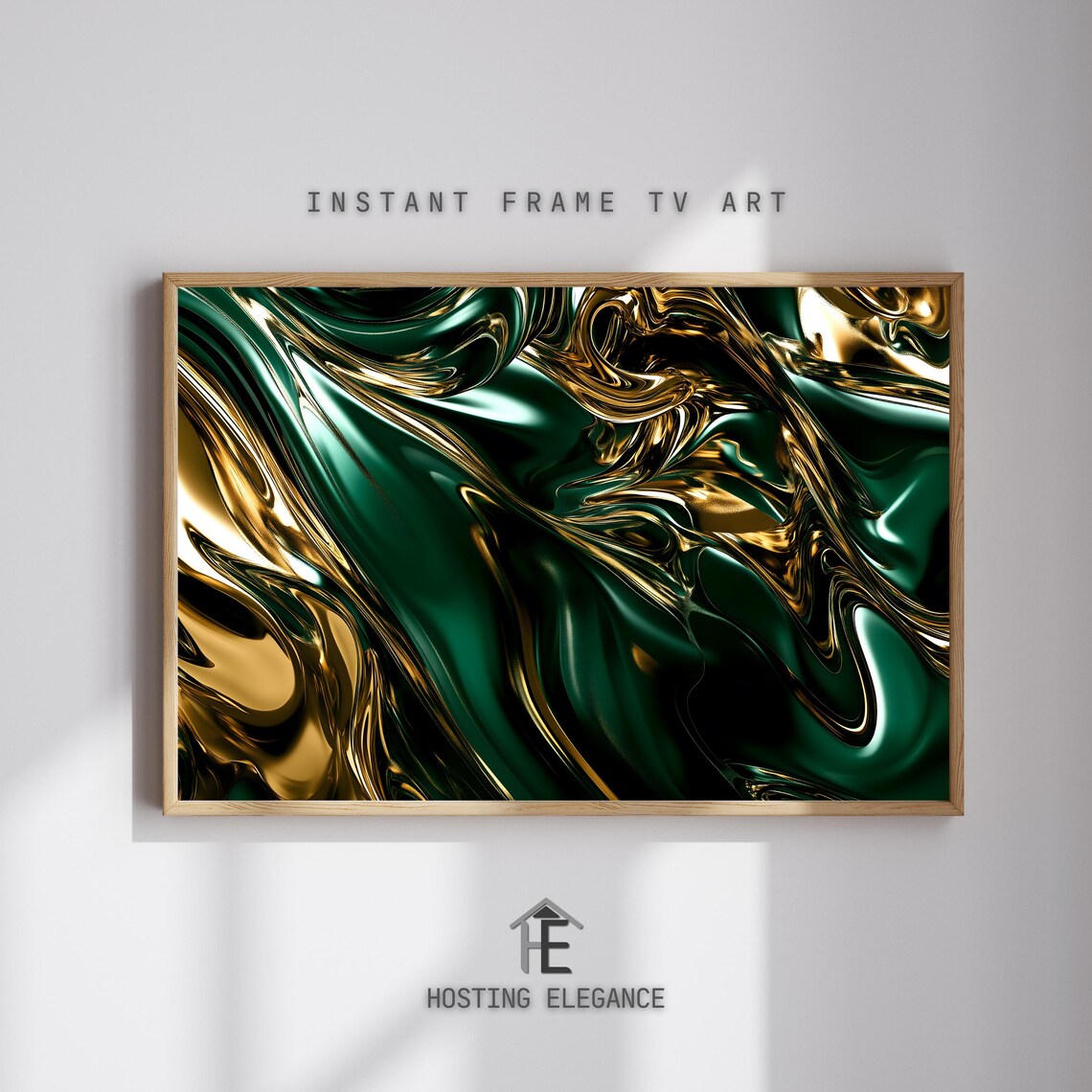 Abstract Liquid Marble Tv Art Frame Tv Artwork Metallic Gold And Deep Green Swirls Luxury Modern Wall Decor