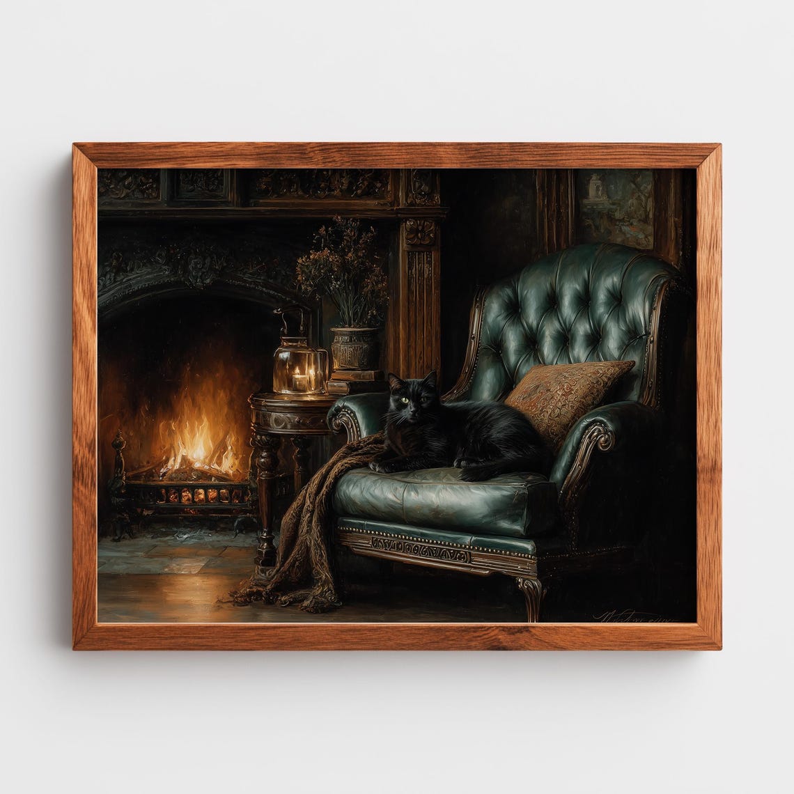 Cozy Black Cat Resting on a Leather Chair by a Fireplace Poster