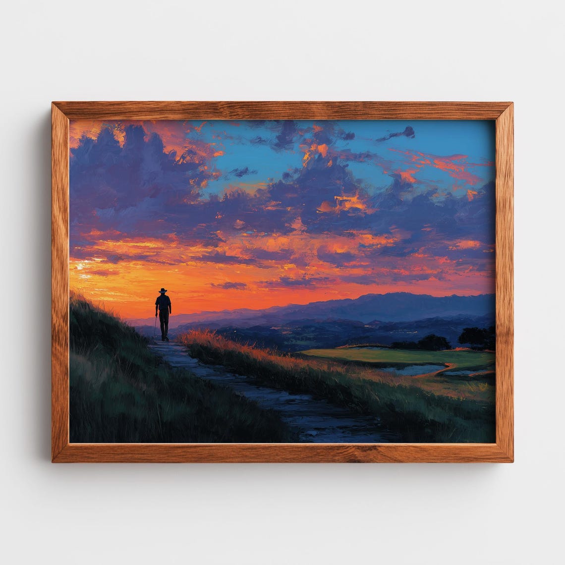 Cowboy Silhouette Fiery Sunset Mountain Trail Oil Painting Poster