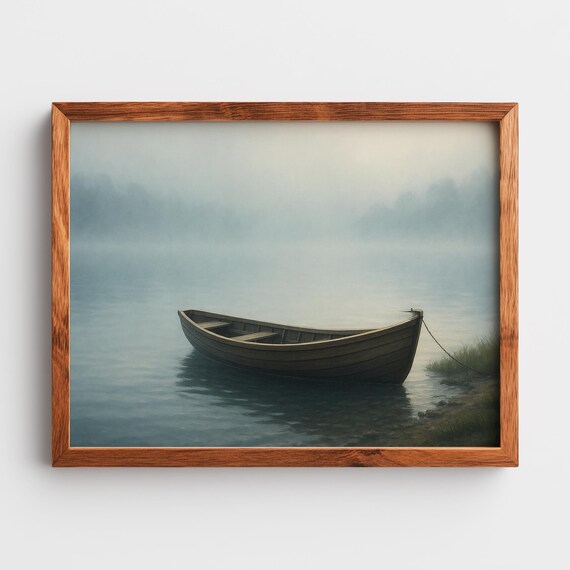 Foggy Lake Rowboat Moody Morning Mist Nature Landscape Art Print