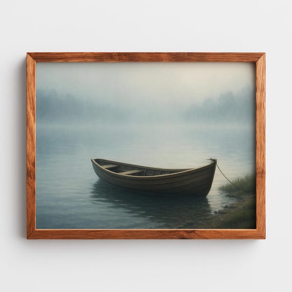 Foggy Lake With Rowboat Moody Landscape Rustic Nature Art Misty Morning Scene Tranquil Waters Wall Decor 6