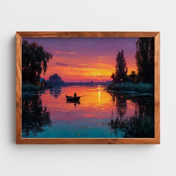 Serene Evening River Scene Rustic Landscape Art Crimson And Violet Sky Moody Silhouette Wall Decor Painting 273