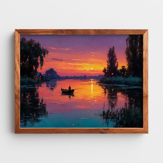 Sunset River Fisherman Poster Silhouette Boat Crimson Sky Reflection Art