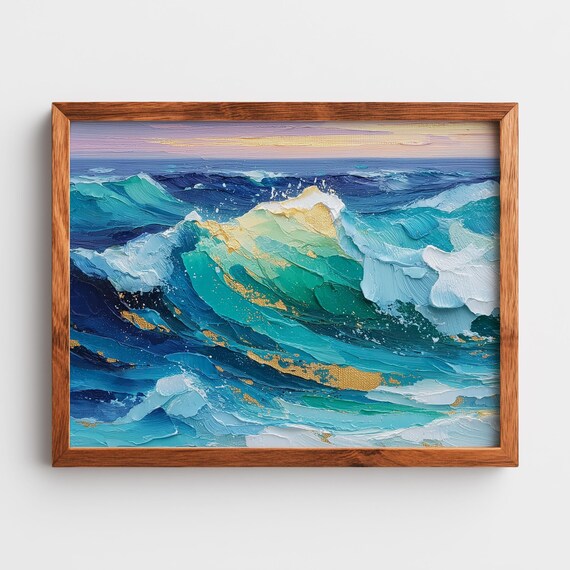 Sapphire Emerald Ocean Waves Abstract Brushstroke Surf Art Poster