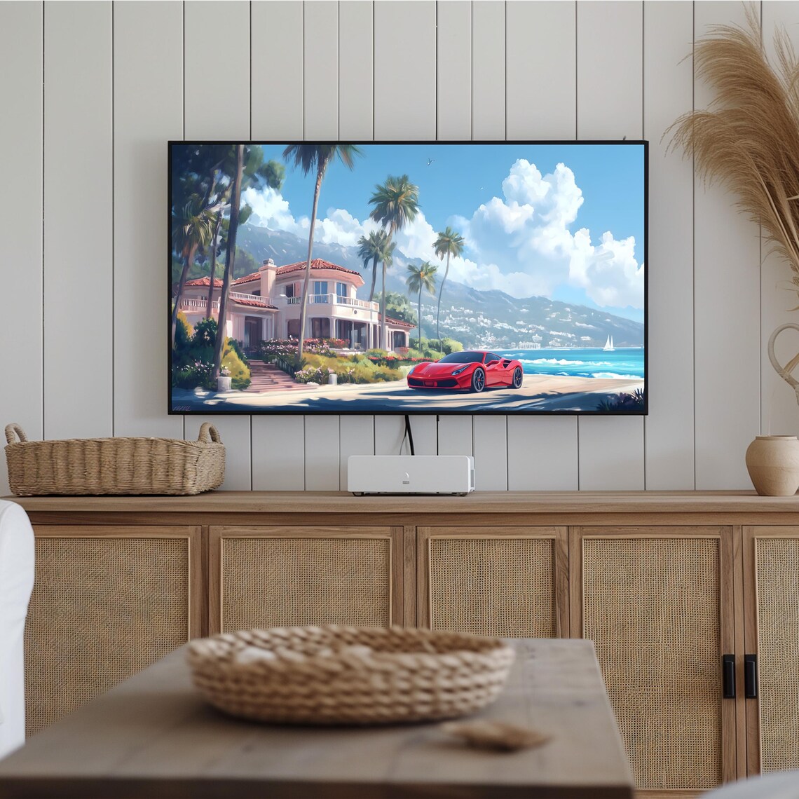 Luxury Coastal Villa Red Sports Car Palm Ocean View Scenic Poster - Image 2