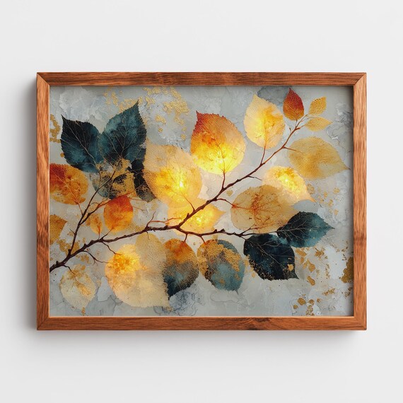 Rustic Autumn Leaves Painting Moody Fall Wall Art Earthy Mixed Media Landscape Translucent Nature Decor Print 99