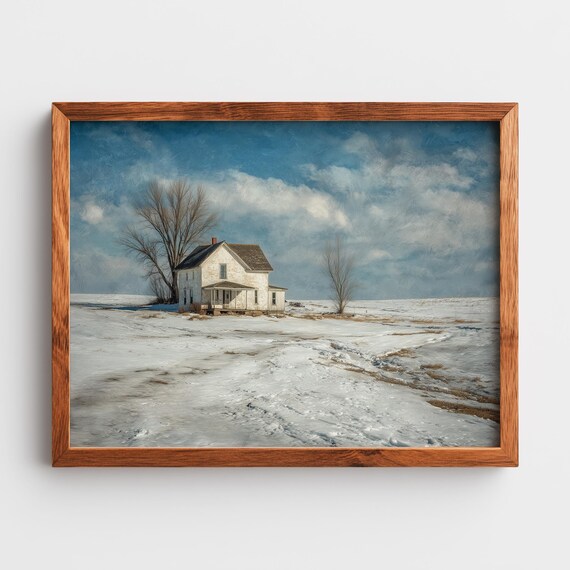 Rustic White Farmhouse Snowy Field Tranquil Winter Landscape Print