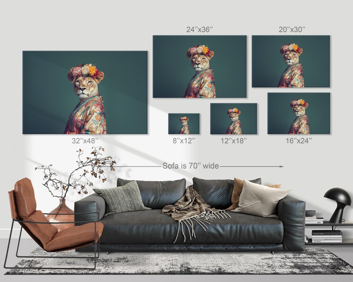 Lioness Fashionista Portrait Floral Crown Kimono Robe Teal Backdrop Poster - Image 3