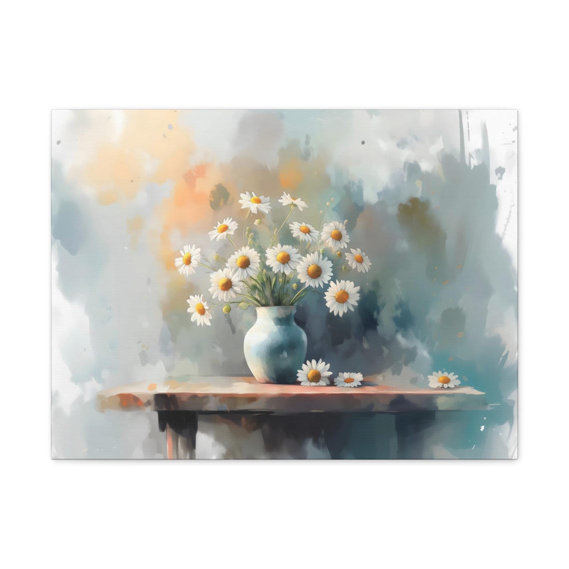 Cheerful White Daisies in Blue Vase Soft Watercolor Floral Poster - Image 2