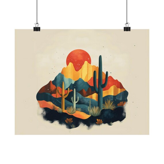 Arizona Deco Desert Poster Print Geometric Landscape Modern Painting Fantasy Nature Rustic Bright Wall Print Airbnb Art Wall Decor