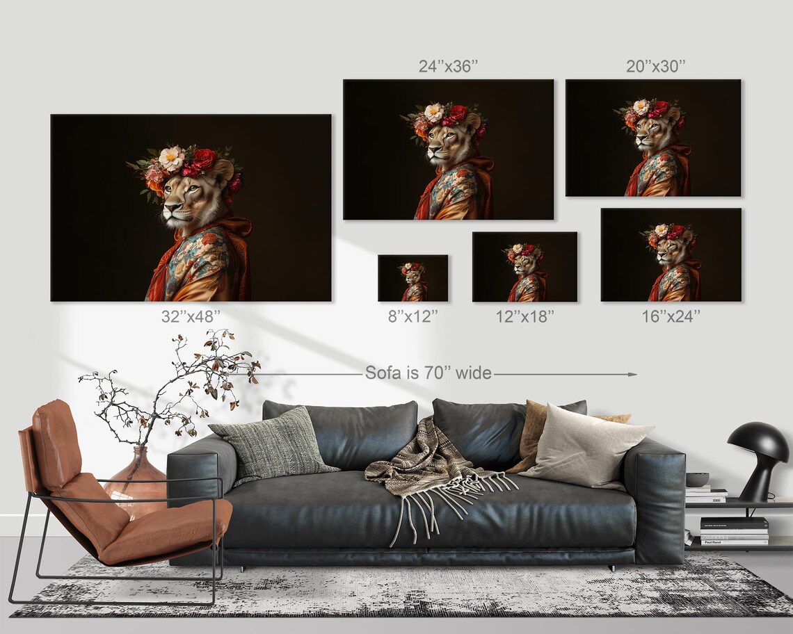 Lioness In Floral Crown And Kimono Robe Dark Maximalist Portrait Poster - Image 3