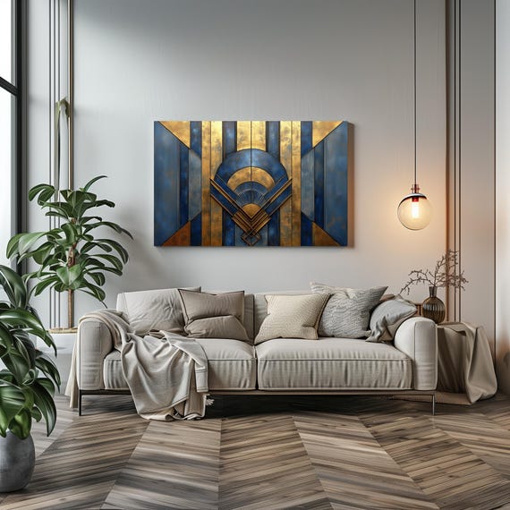 1920s Art Deco Sleek Blue And Gold Print Bold Statement Vibrant Metallic Look Geometric Colorful Shapes Zig Zags Rustic Art