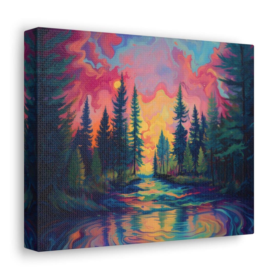 Psychedelic Pine Forest Sunset Over Rainbow Lake Reflections Print - Image 2