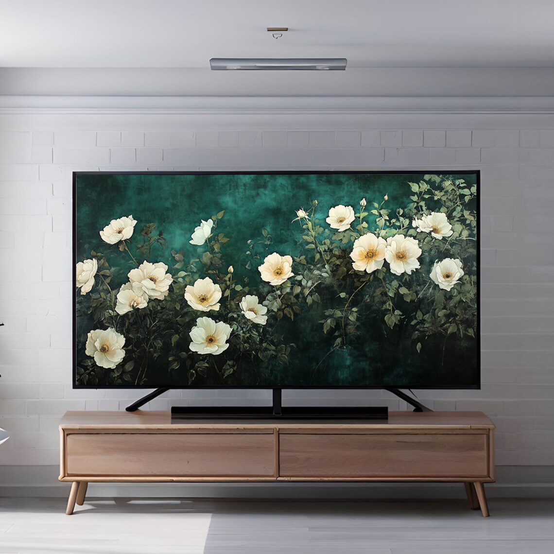White Wild Roses on Dark Teal Moody Botanical Oil Painting Wall Art - Image 6