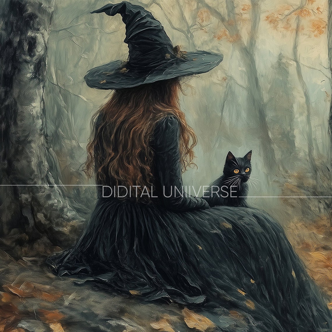 Witch with Black Cat and Jack O Lantern Forest Halloween Poster - Image 4