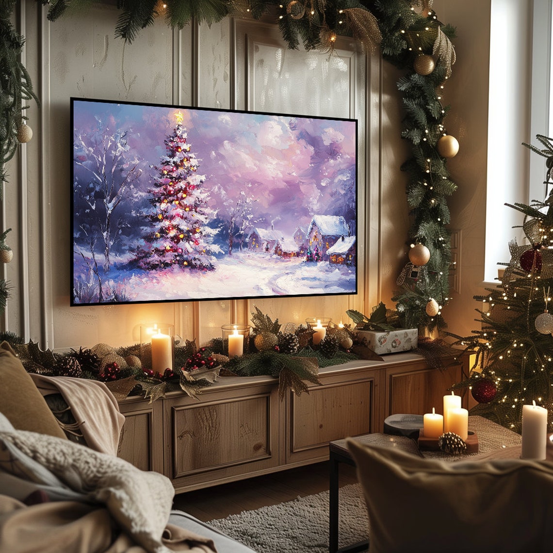 Decorated Christmas Tree in Snowy Village Purple Twilight Poster - Image 5