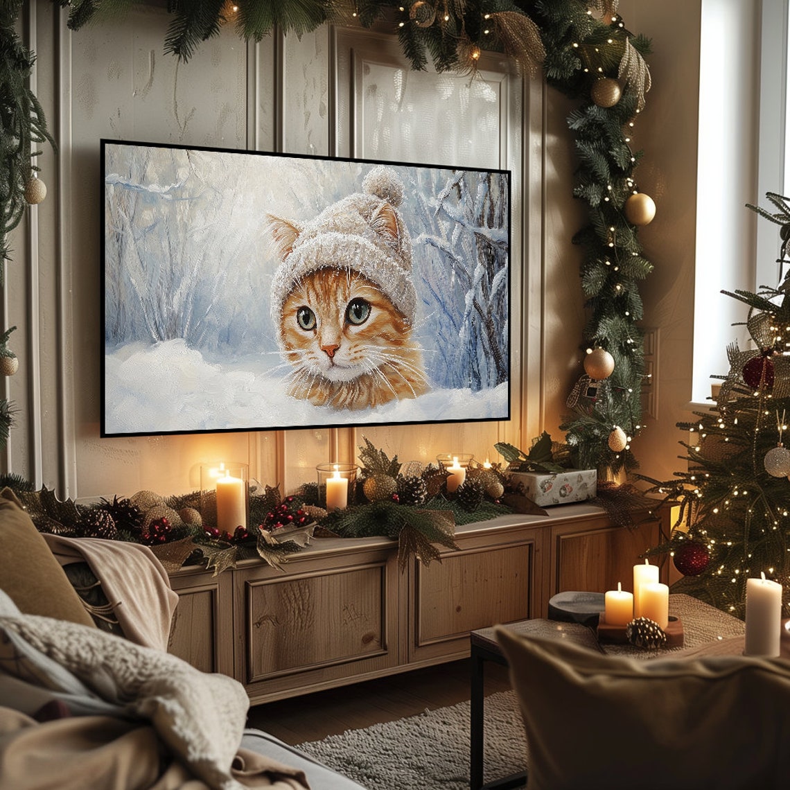 Cute Orange Kitten Knitted Hat Snowy Winter Forest Painting Poster - Image 5