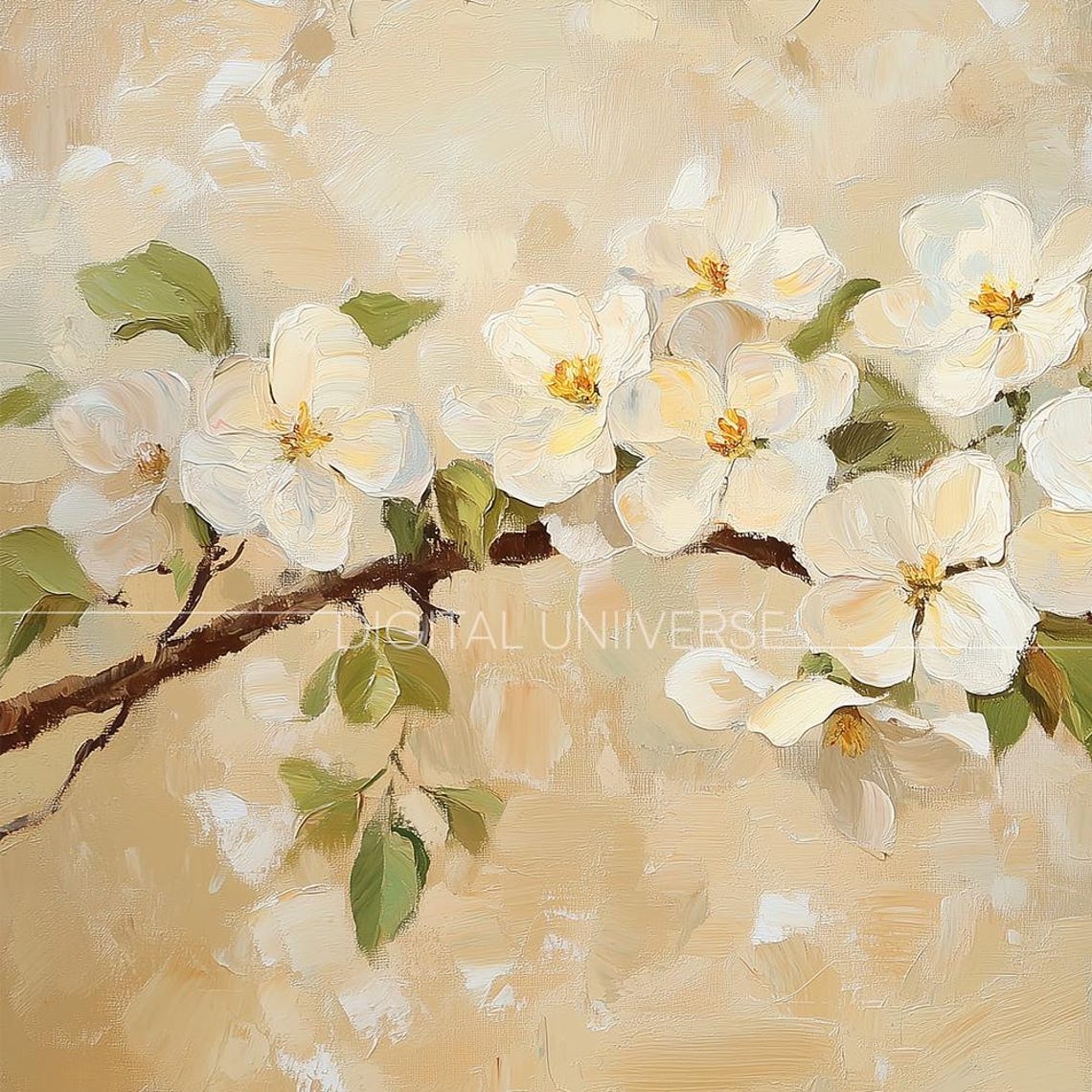 White Cherry Blossoms Branch Beige Impasto Floral Art Wall Art - Image 3
