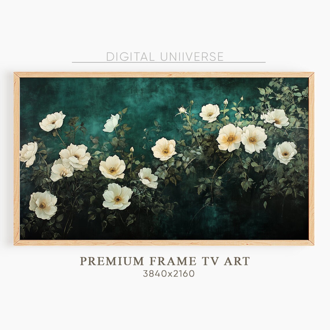 White Wild Roses on Dark Teal Moody Botanical Oil Painting Wall Art