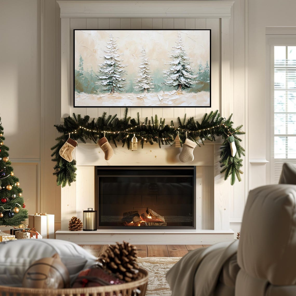 Snow Covered Pines Textured Impasto Winter Evergreen Trees Wall Art - Image 7