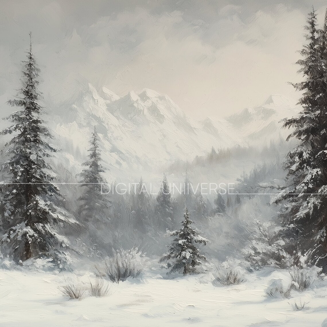 Snowy Mountain Forest with Towering Pines Winter Landscape Wall Art - Image 3