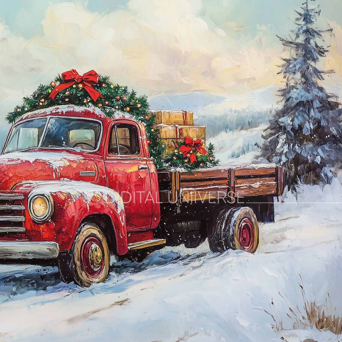 Vintage Red Pickup Truck Christmas Tree Snowy Holiday Painting Poster - Image 3