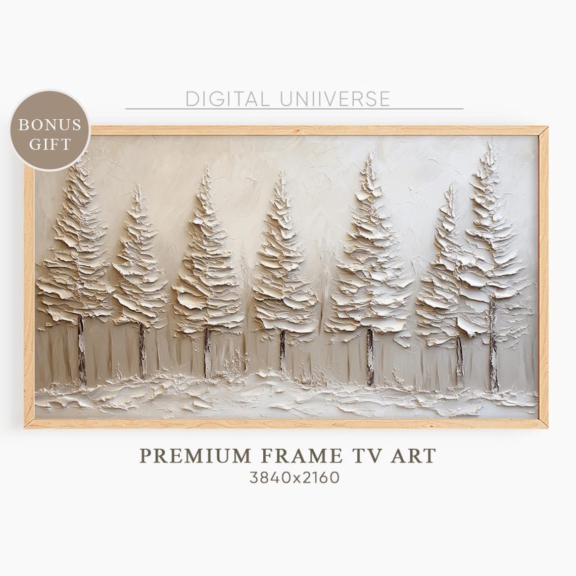 Seven White Textured Pine Trees Beige Winter Forest Scene Wall Art