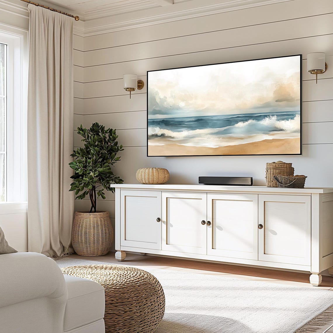 Beach Waves Under Cloudy Sky Watercolor Coastal Scene Wall Art - Image 6