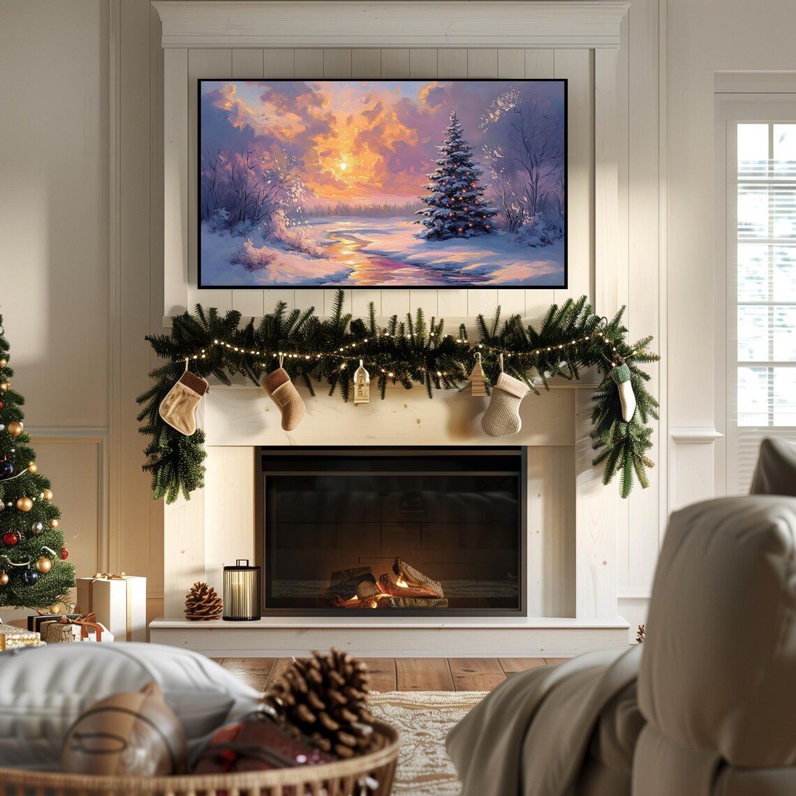 Christmas Tree Frozen Lake Sunset Snowy Winter Landscape Painting Poster - Image 7