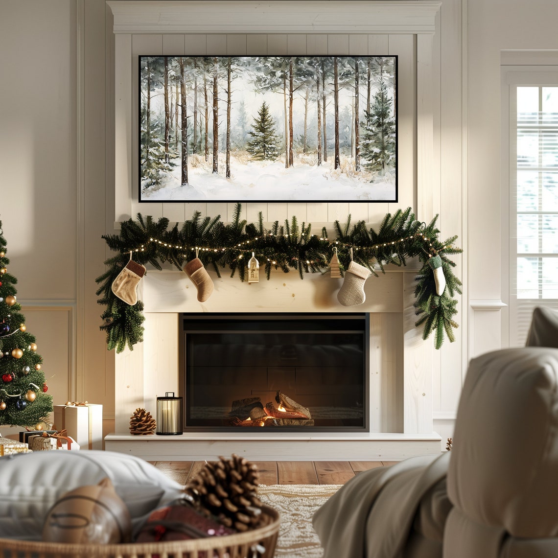 Misty Snowy Pine Forest Watercolor Winter Landscape Wall Art - Image 7
