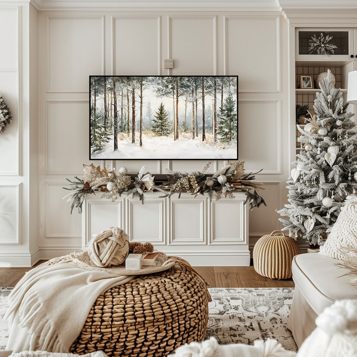 Misty Snowy Pine Forest Watercolor Winter Landscape Wall Art - Image 5