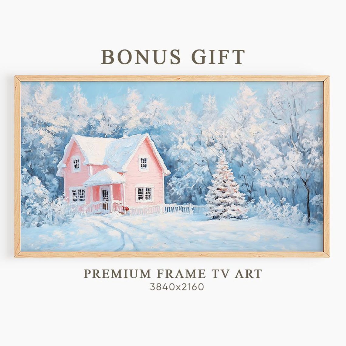 Pink Cottage in Snowy Winter Wonderland Dreamy Landscape Wall Art - Image 6