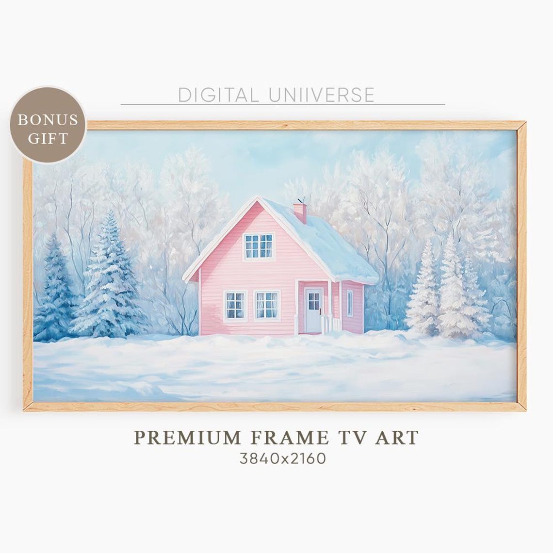 Pink Cottage in Snowy Winter Wonderland Dreamy Landscape Wall Art