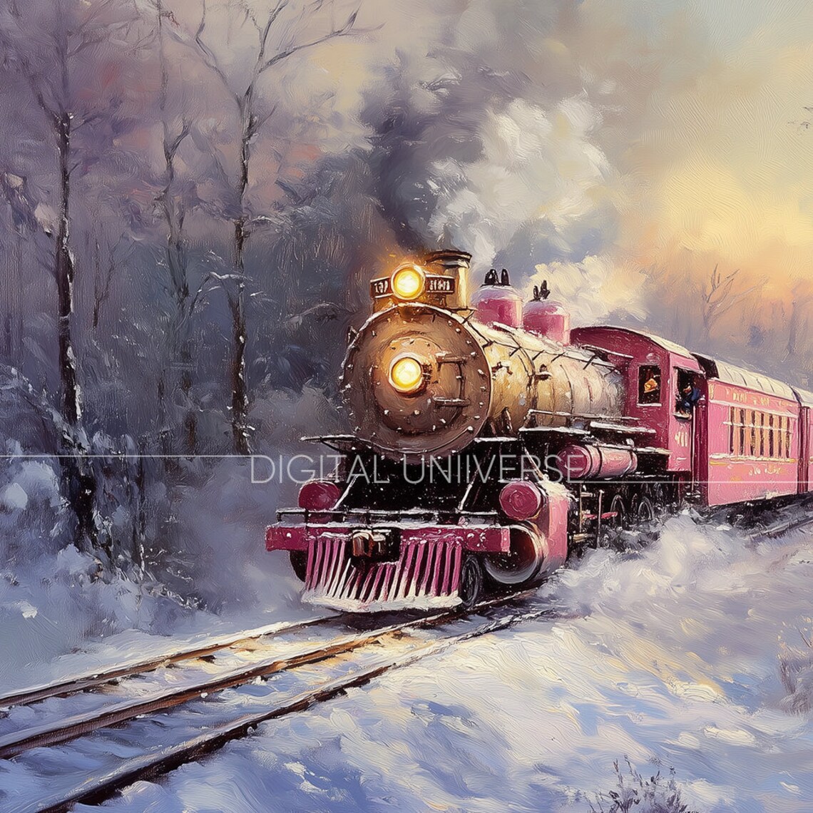 Vintage Steam Locomotive Snowstorm Red Passenger Train Painting Poster - Image 4