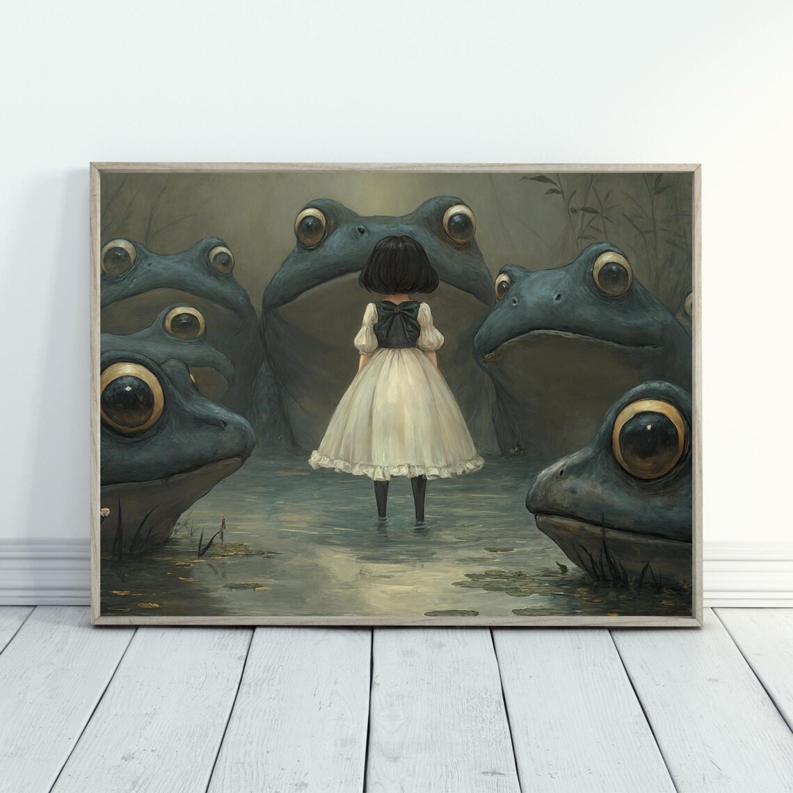 Little Girl Facing Giant Frogs In Swamp Whimsical Surreal Fantasy Art Poster - Image 4