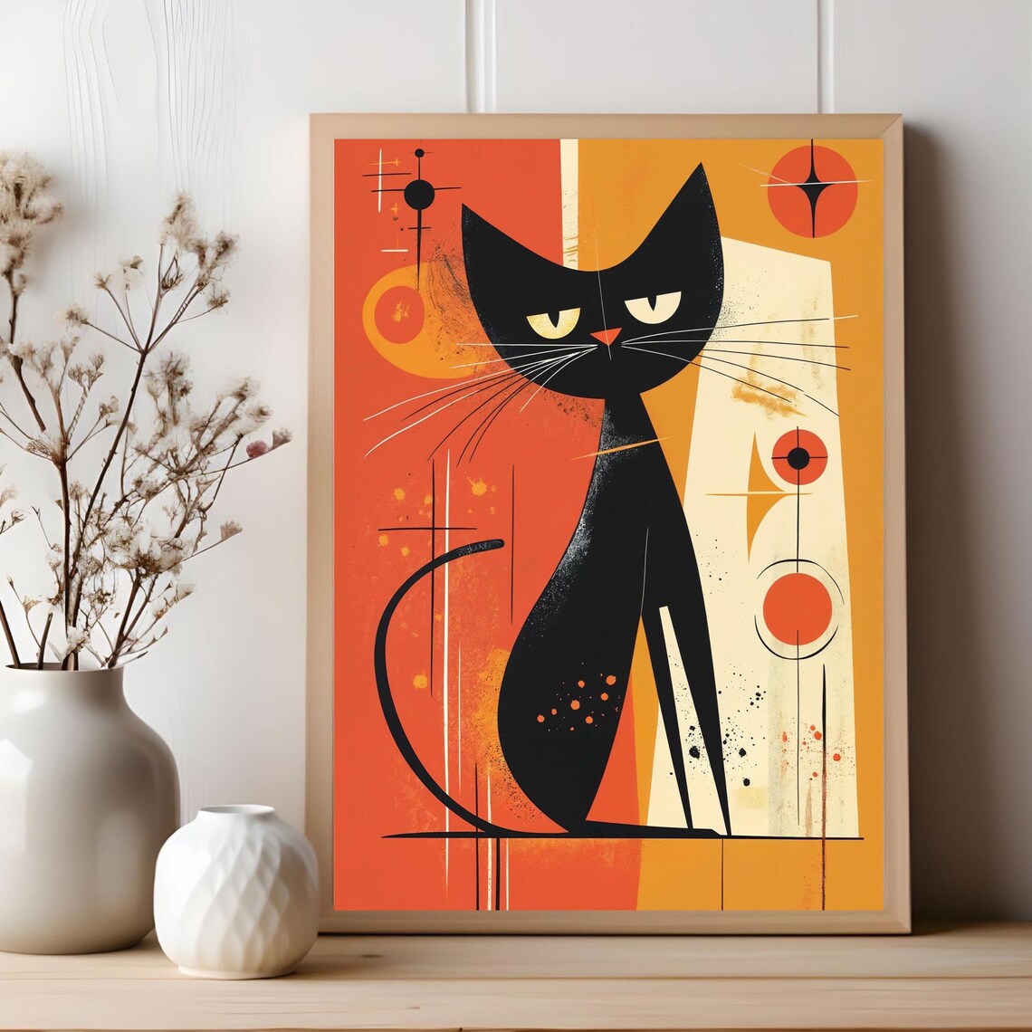 Midcentury Atomic Black Cat Orange Retro 1960s Style Modern Cat Poster - Image 2