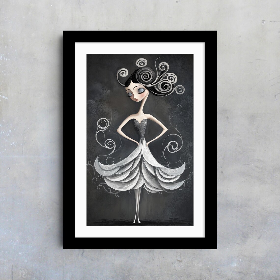 Whimsical Black White Elegant Dancer Swirling Dress Gothic Style Poster