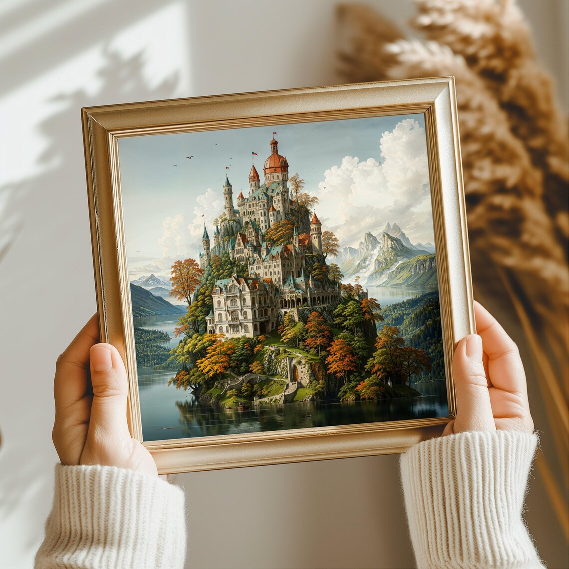 Majestic Fantasy Castle Lake Island Red Domes Autumn Trees Art Poster