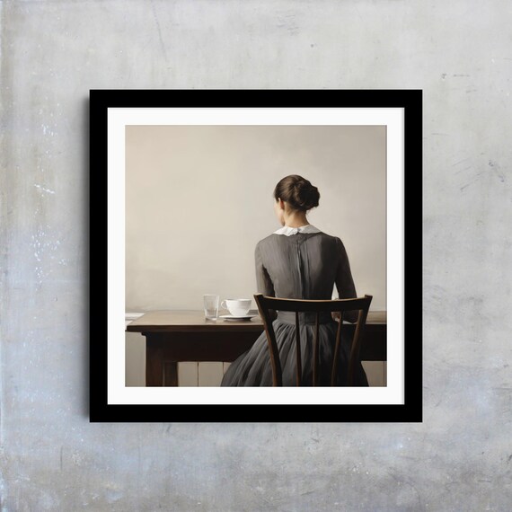 Woman In Grey Dress At Table Quiet Morning Minimalist Serene Art Poster
