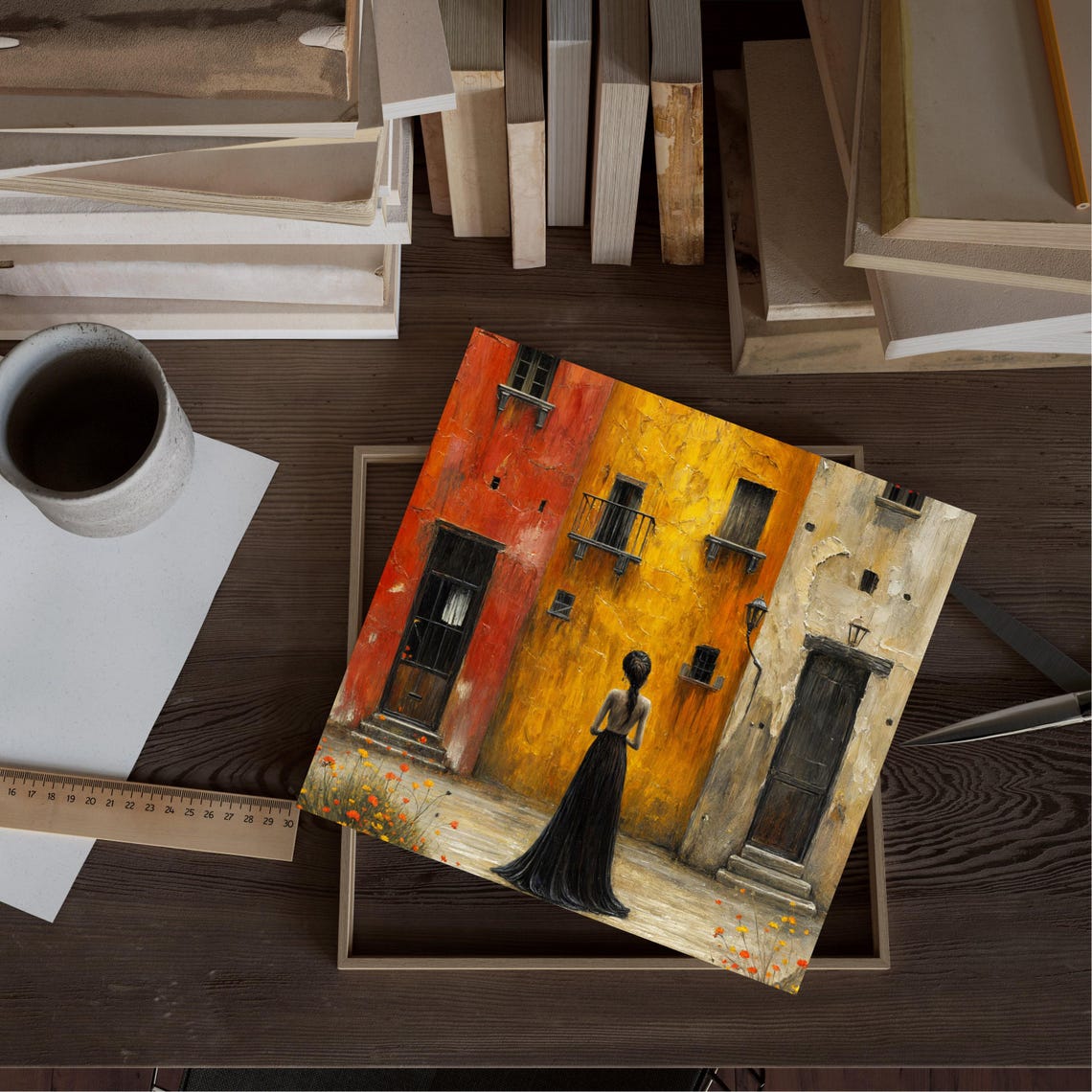 Colorful Urban Street Scene Wall Art Woman In Black Dress Painting Vibrant Cityscape Unique Home Decor Gift - Image 2
