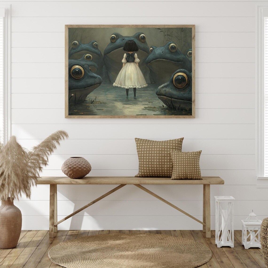 Little Girl Facing Giant Frogs In Swamp Whimsical Surreal Fantasy Art Poster - Image 3