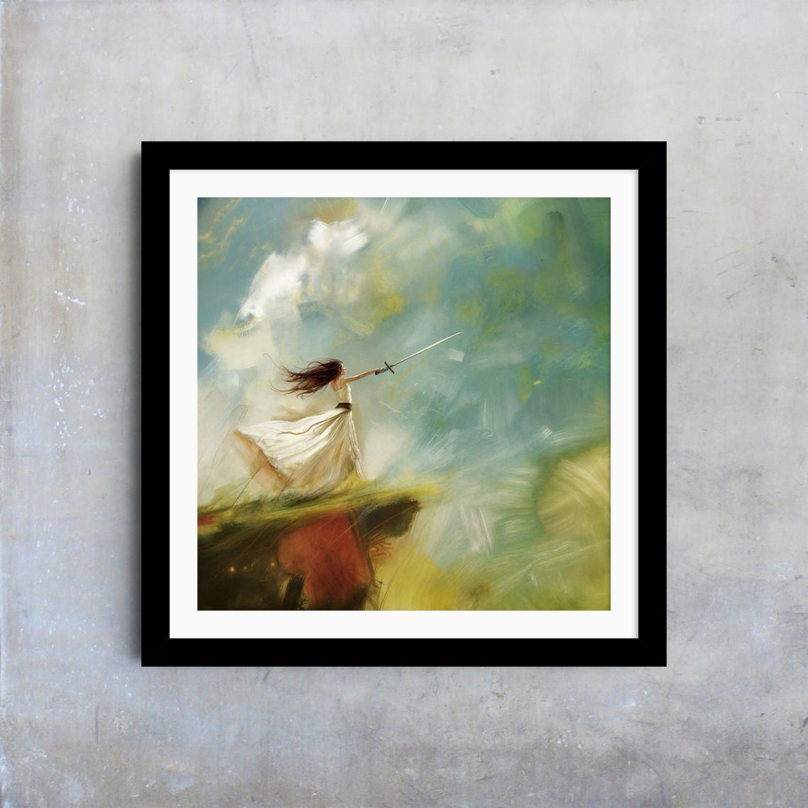 Warrior Woman Sword Raised Sky Dreamy Green Clouds Fantasy Art Poster - Image 4